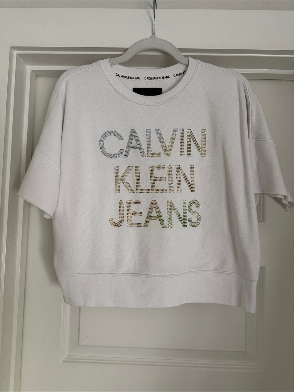 Calvin Klein Jeans White Short Sleeve Logo Sweatshirt with Rhinestone Detail